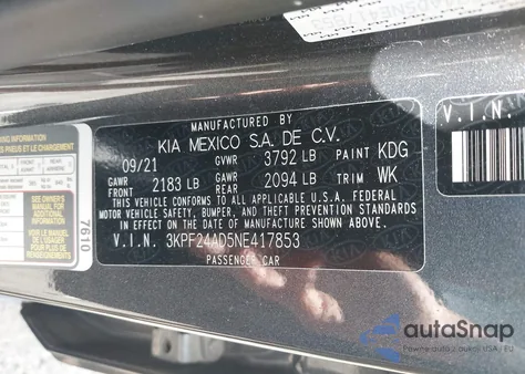2022 Kia Forte Lxs z USA, uszkodzony, nr VIN 3KPF24AD5NE417853